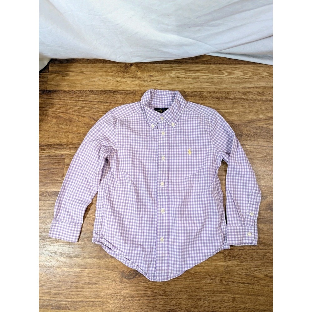 Polo Ralph Lauren Boys 5 Purple Gingham Cotton Button Down Shirt Yellow Pony